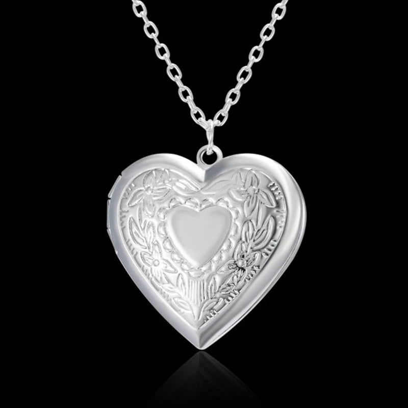 Openable Love Heart Locket Pendant Women Necklace Silver Color Chain Memory Photo Frame Family Lover Valentine Jewelry Gift New