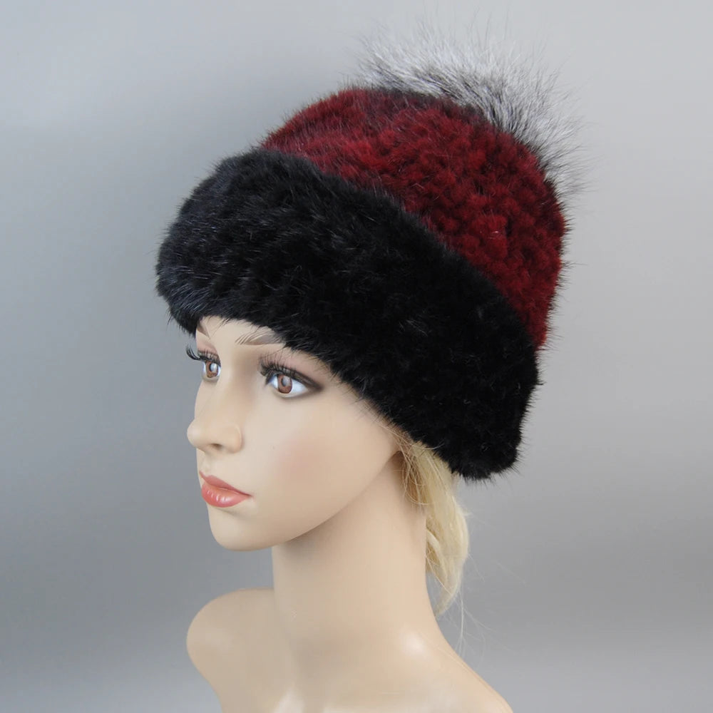 Real Mink Fur Hat For Winter Women Imported Knitted Mink Cap With Fox Fur New Hot Sale High Quality Women Beanies Hat