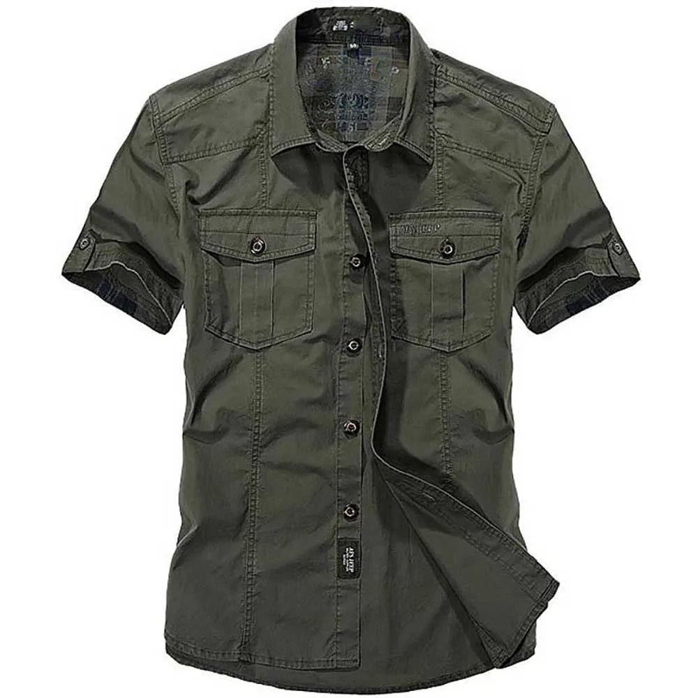 Summer Cotton Casual Shirts Men Loose Shirts Short Sleeve Turn-down Collar Military Style Male Tops mon
