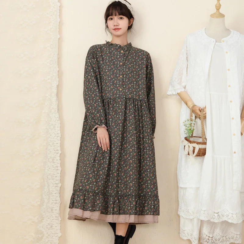 Japanese Fashion Print Dress Pretty Cotton Linen Spring Women New Floral Loose Long-sleeved Dress Midi Vestido de Mujer Clothes clothes