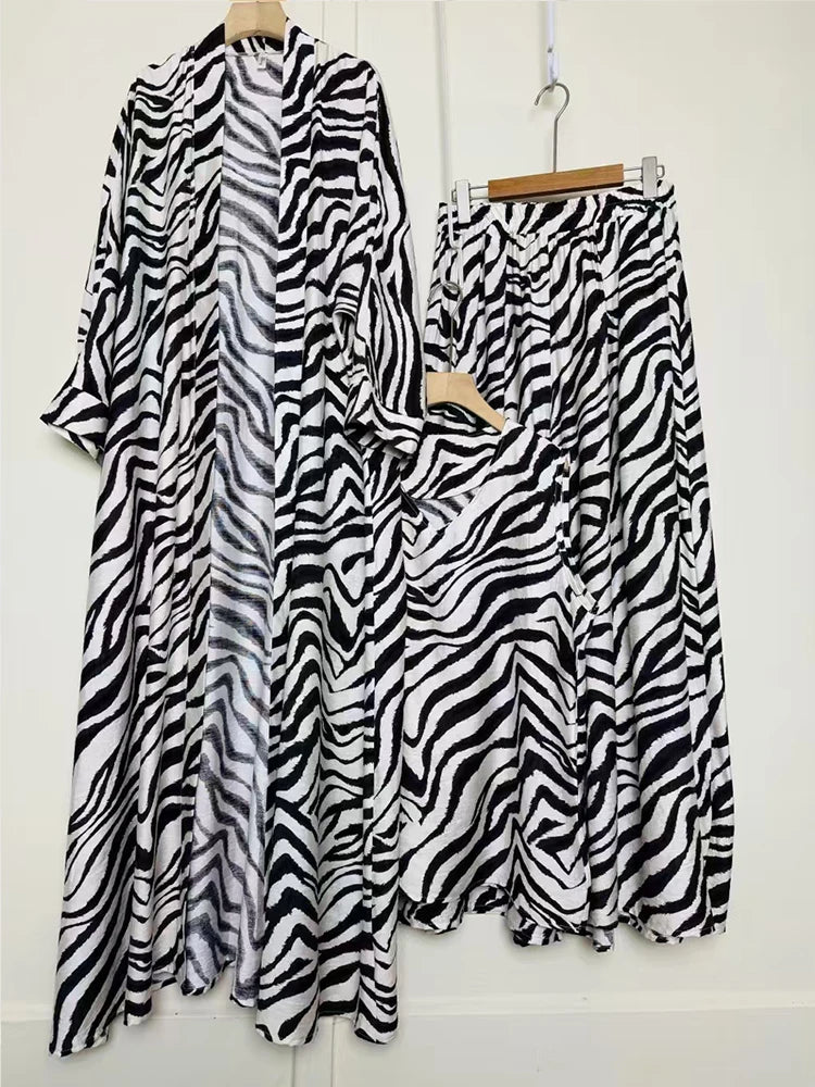 Retro geometric print loose cardigan three-piece set 2025 spring women's new pullover vest + draped loose culottes fashion suit