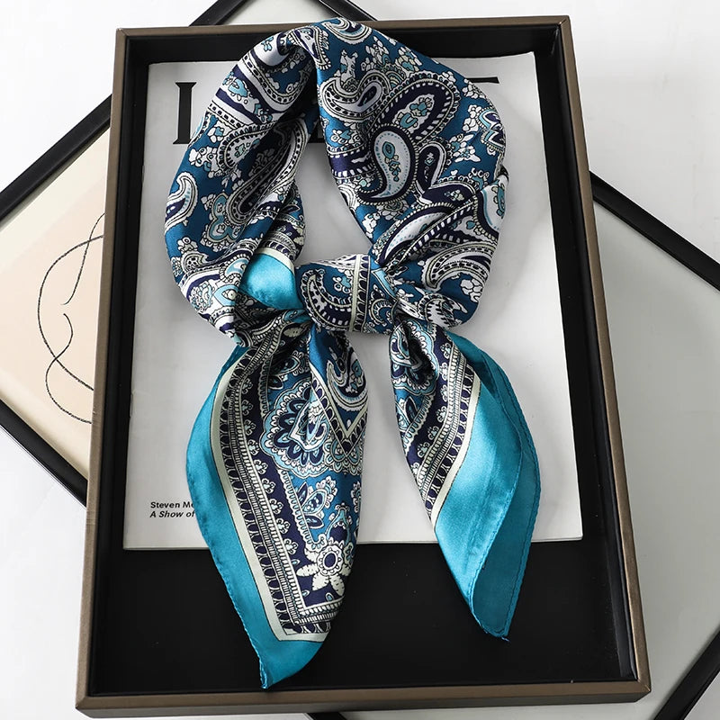 Luxury Brand 2023 Silk Square Scarf Women Cat Neck Hair Tie Band Beach Hijab Kerchief Head Headbands Bandana Female Foulard 70cm