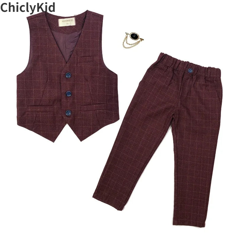 Boy Plaid Vest Blazer Kids Waistcoat Wedding Clothes Set Toddler Formal Dress Suit Child Brooch Shirt Pant Baby Gentlemen Outfit