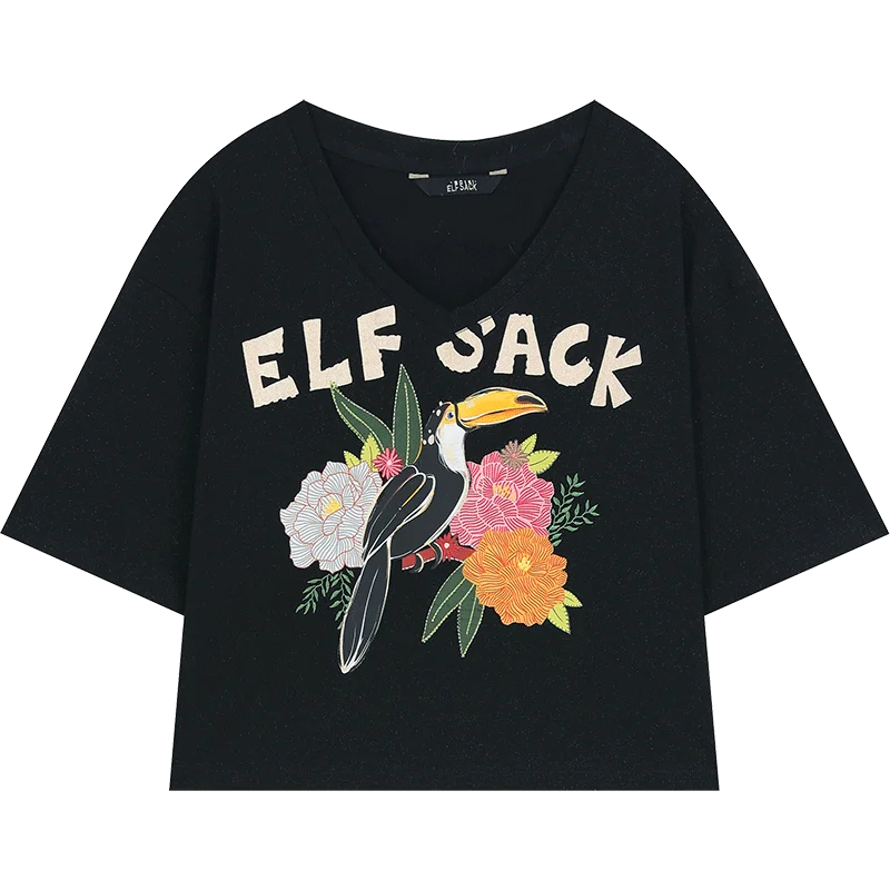 ELFSACK 2024 summer new arrival V-neck shiny letter print casual petite short-sleeved T-shirt for women clothes