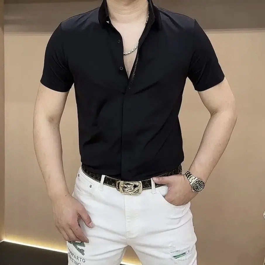 Summer Fashion Handsome Trendy Men's Polo Collar Solid Color Short Sleeved Shirt - mon
