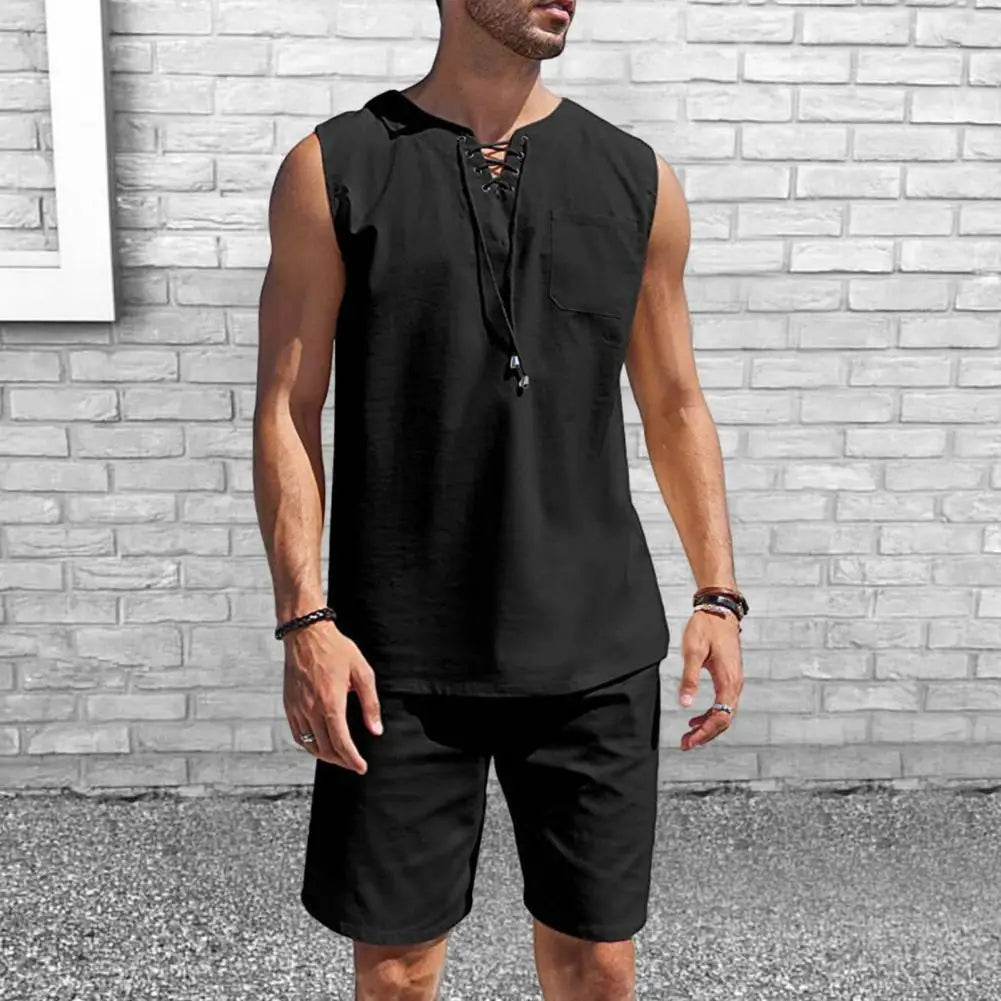 T-shirt Shorts Set Men's Sportswear Set Sleeveless V Neck Vest Elastic Waist Shorts with Patch Pockets Breathable Quick for Men mon