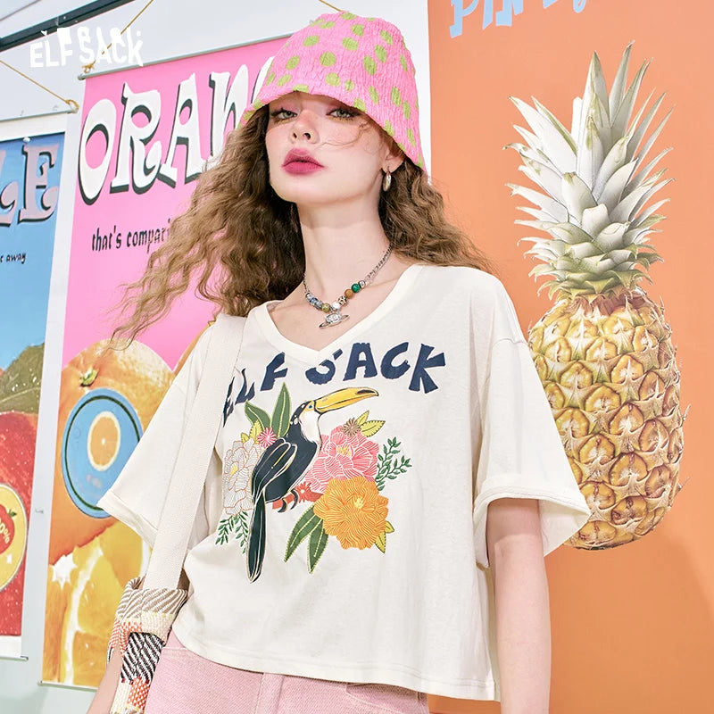 ELFSACK 2024 summer new arrival V-neck shiny letter print casual petite short-sleeved T-shirt for women clothes