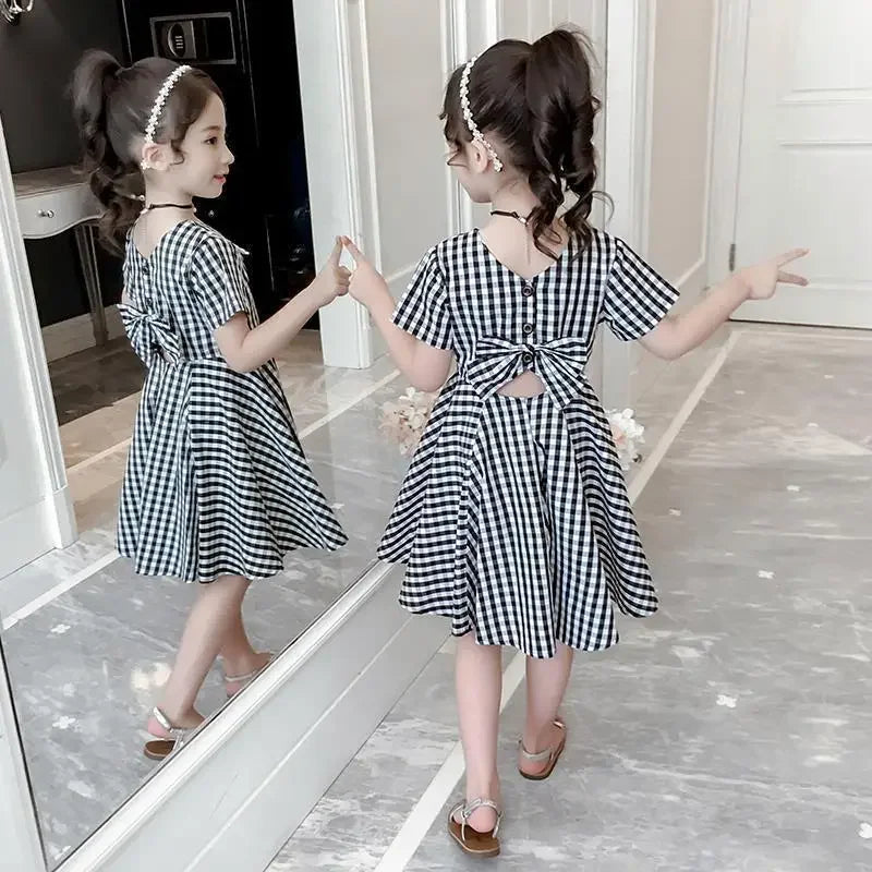 2024 Summer teenager baby Girls Dress Clothes plaid bow grey chiffon Long Beach Princess skirt 3 4 5 6 7 8 9 10 12 13 14 years