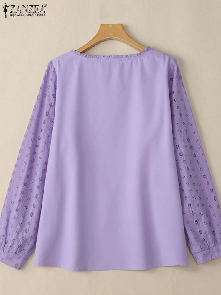 ZANZEA Women Hollow Embroidery Tops 2025 Spring Solid Blouse Vintage 3/4 Sleeve Cotton Blusas Female Daily Wear Clothes Oversize