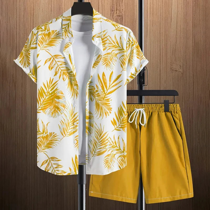 Stylish Lapel Button-Down Shirt Shorts Set Summer Men's Short-Sleeved Shirt Drawstring Shorts 2-Piece 3D Leaf Print Travel Suit mon