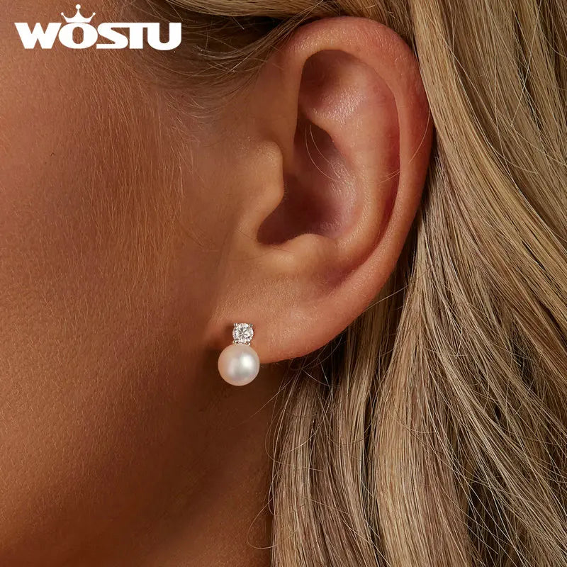 WOSTU 925 Sterling Silver 0.1 CT moissanite Sakura blossoms Flower Stud earrings Pearl Drop earrings Moissanite Wedding jewelry