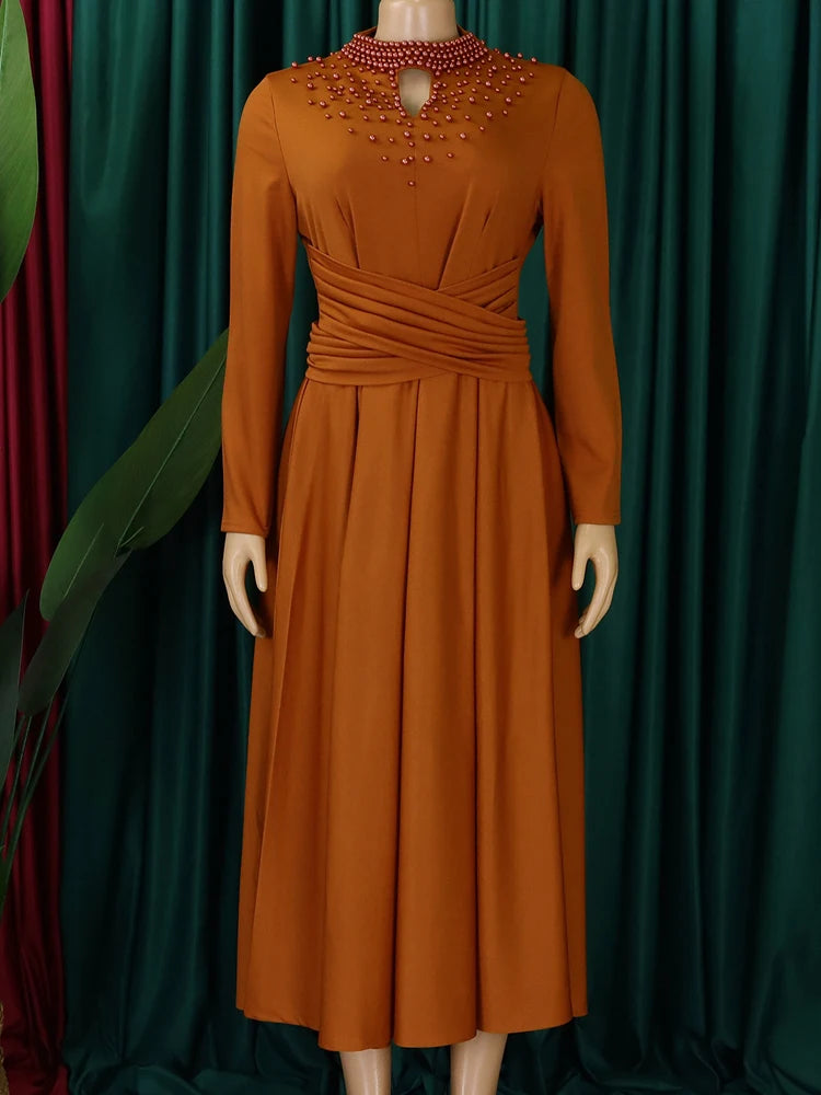 FairyShely 2025 Solid Long Sleeve Plus Size Long Dress Women Hollow Large Big Dresses Lady Cross Push Up Party Tight Curvy Dress