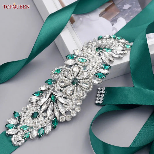 TOPQUEEN S22 Bride Rhinestone Belt Shiny Wedding Accessories Party Woman Emerald Belts Jewelry Wedding Dress Decoration Sash
