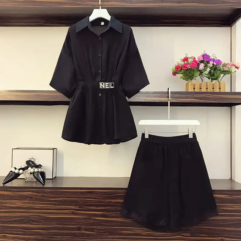 Women Suit 2025 New Summer Crop Top Fashion Korean Casual Two Piece Shorts Sets Medium Length Shirt Wide Leg Pants Party Outfits