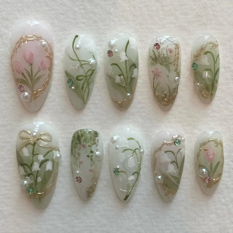 24pcs Summer Fake Nails Press on Almond Wearable 3D Butterfly Flower Short Almond False Nails Smudging Bubble Bead False Nails