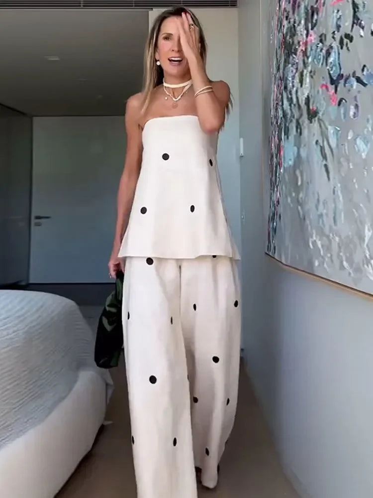 Women's Round Dot Print Off Shoulder Zipper Top Sets Fashion Backless Casual High Waist Long Pants Suit 2025 Female Streetwear
