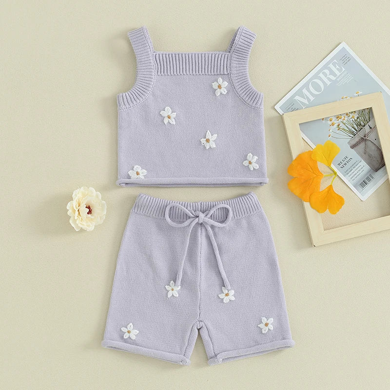 Toddler Baby Girl 2Pcs Outfit Summer Floral Sleeveless Knitted Tank Camisole Top Elastic Drawstring Shorts Set Boho Kids Clothes