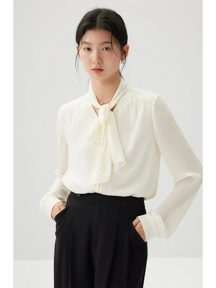 ZIQIAO Petite French Commuter Lace up Long sleeved Chiffon Shirt For Women's 2024 Spring New Draping Style Women Top clothes clothes