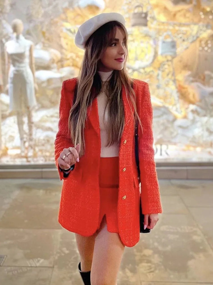 XEASY Women Tweed Red Retro Suit 2022 Spring Fashion Casual Office Slim Blazer Ladies High Waist Skirt Slit 2 Piece Set