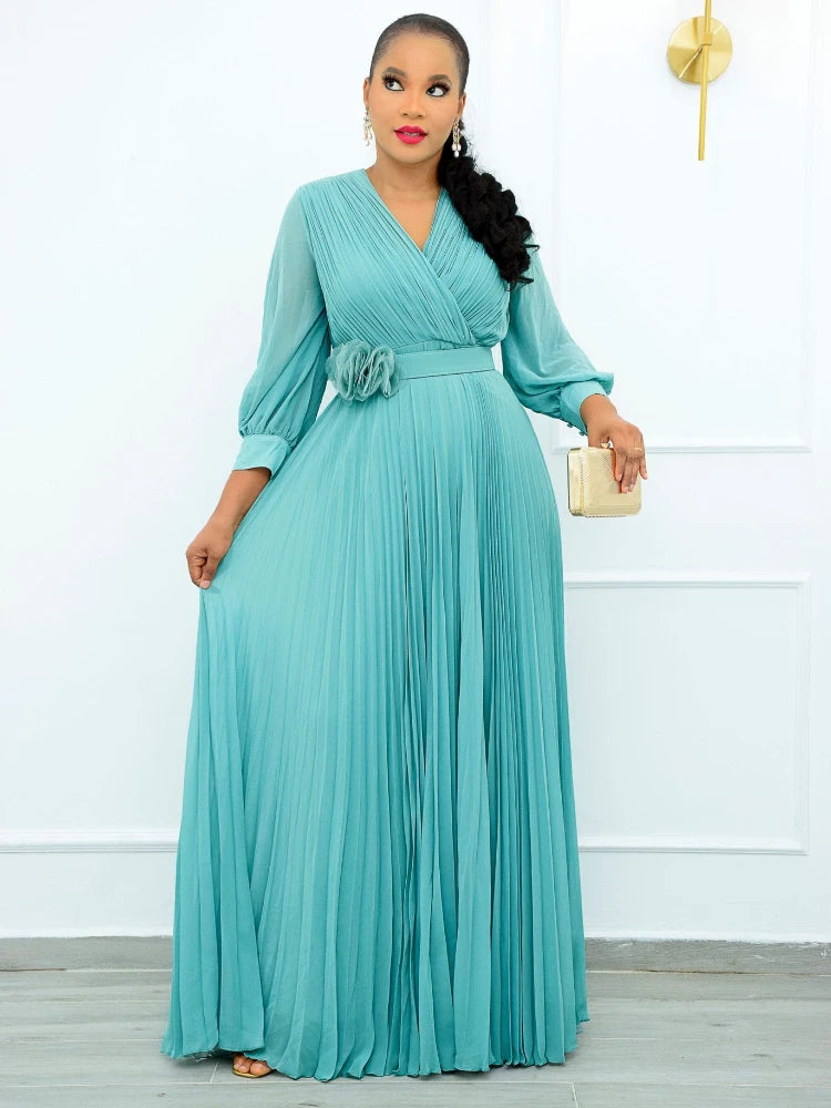 Women Plus Size Lantern Long Sleeve Long Dress Fashion Elegant Solid Color V Neck Belt High Waist Ruched Evening Birthday Party