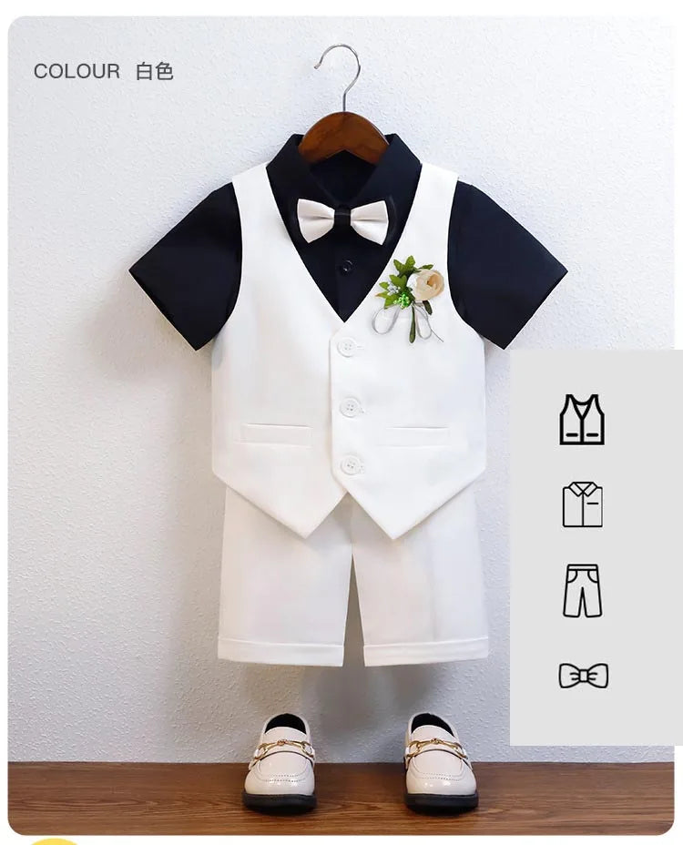 Kids Cool Vest Shirt Shorts Bowtie Ceremony Costume Boys Silm Fit Wedding Dress Chilren's Host Performance Costome