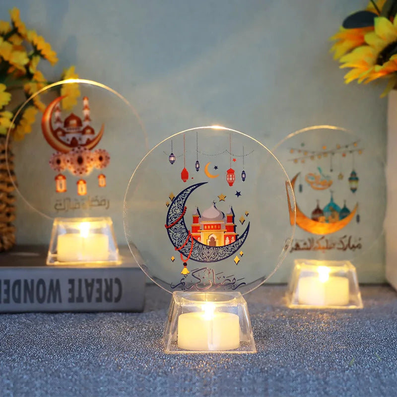 Eid al-Fitr Moon with Base Light Plate Ramadan Mubarak LED Light Holiday Gifts Home Decorative Lights LED Electronic Candle