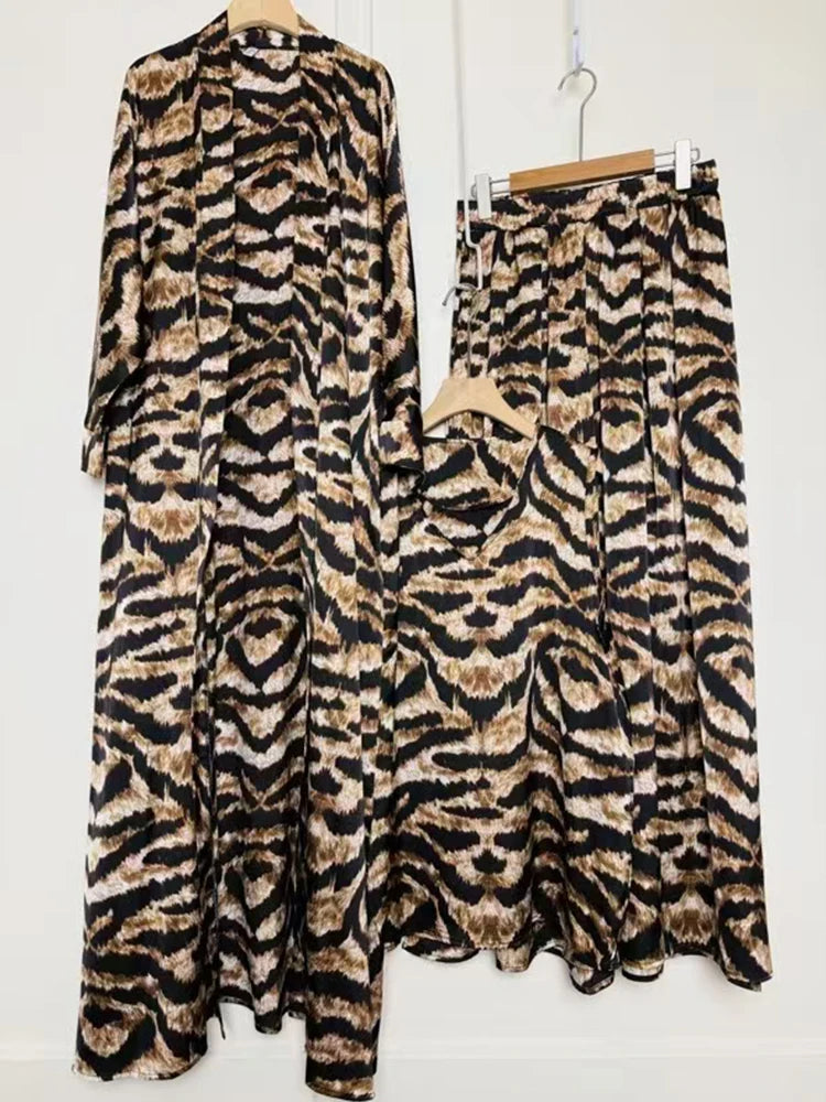 Retro geometric print loose cardigan three-piece set 2025 spring women's new pullover vest + draped loose culottes fashion suit