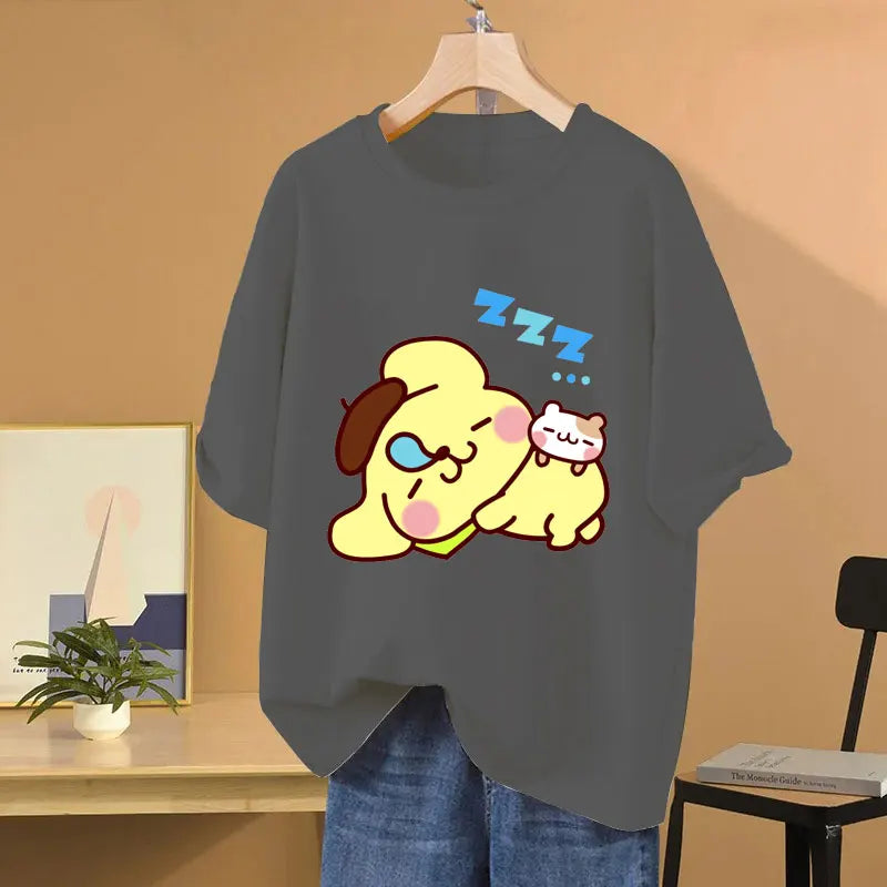 Clothes Pompom Purin Yellow Cartoon Anime Women T-shirt Summer Short Sleeve 100% Cotton Men Tee Shirts Tops 2025 Fashion Couple Clothes