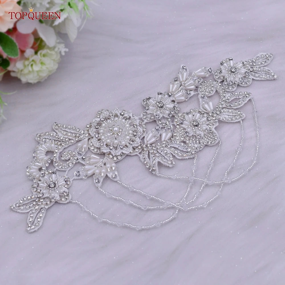 TOPQUEEN S80 Bridal Decorative Waist Belt Wedding Dress Accessories Woman Fashion Sash with Silver Rhinestones Handmade Beaded