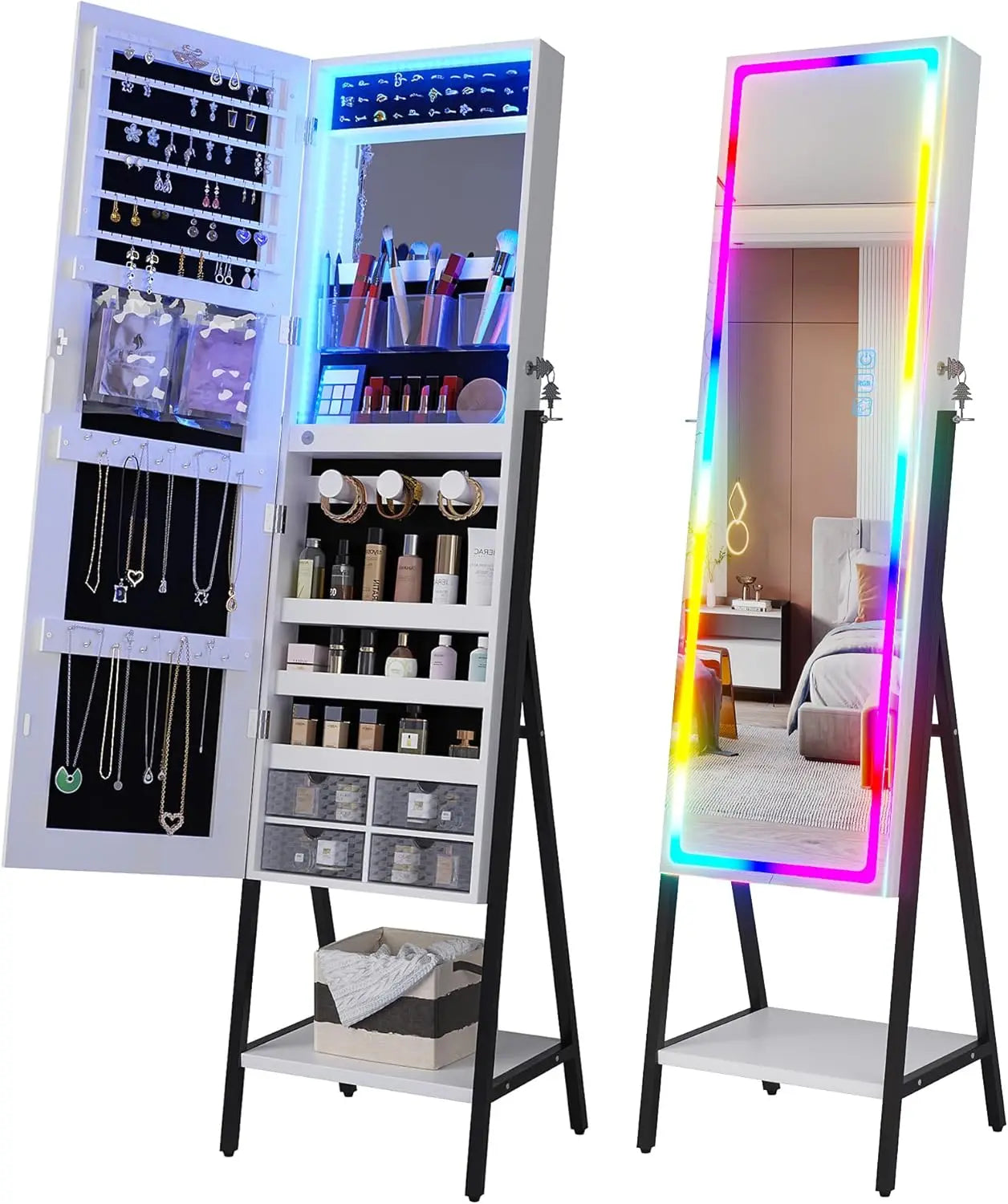 RGB LED Full Length Mirror with Storage for Jewelry, Lockable. home improvement decoration