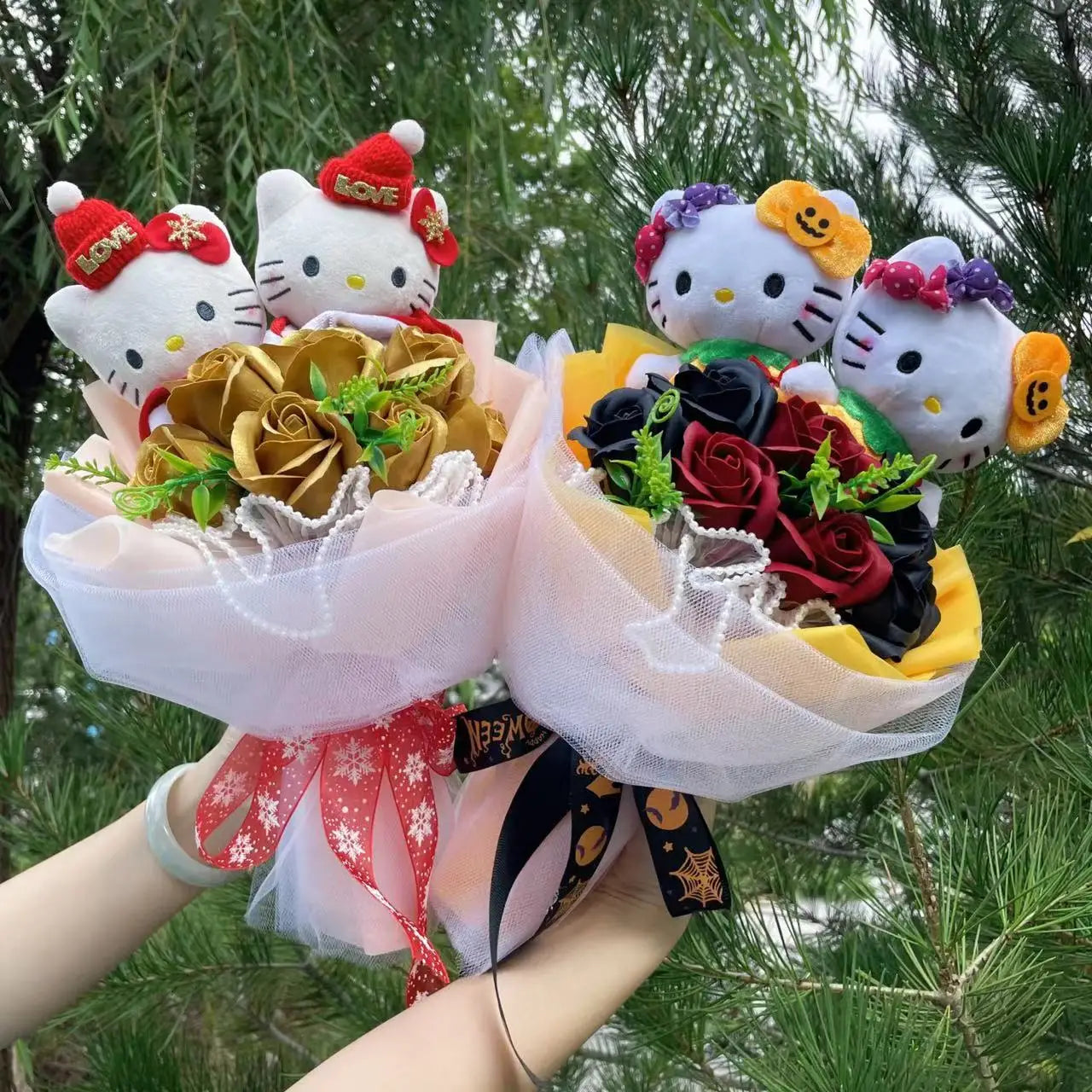 Kawaii Hello Kitty Cat Dolls With Artificial Flowers Creative Sanrio Bouquet Christmas Valentine Birthday Graduation Gifts