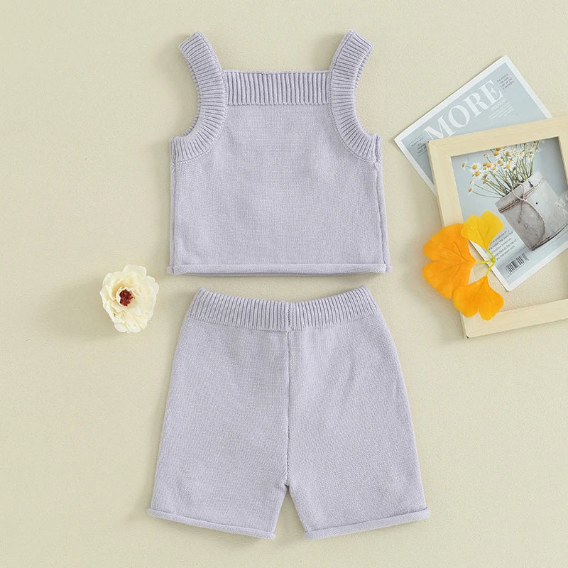 Toddler Baby Girl 2Pcs Outfit Summer Floral Sleeveless Knitted Tank Camisole Top Elastic Drawstring Shorts Set Boho Kids Clothes