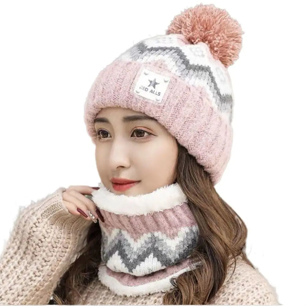 Cycling Plus Velvet Beanies Hat Ear Protection Windproof Hat Scarf Set Thick Warm Knit Skull Cap Women