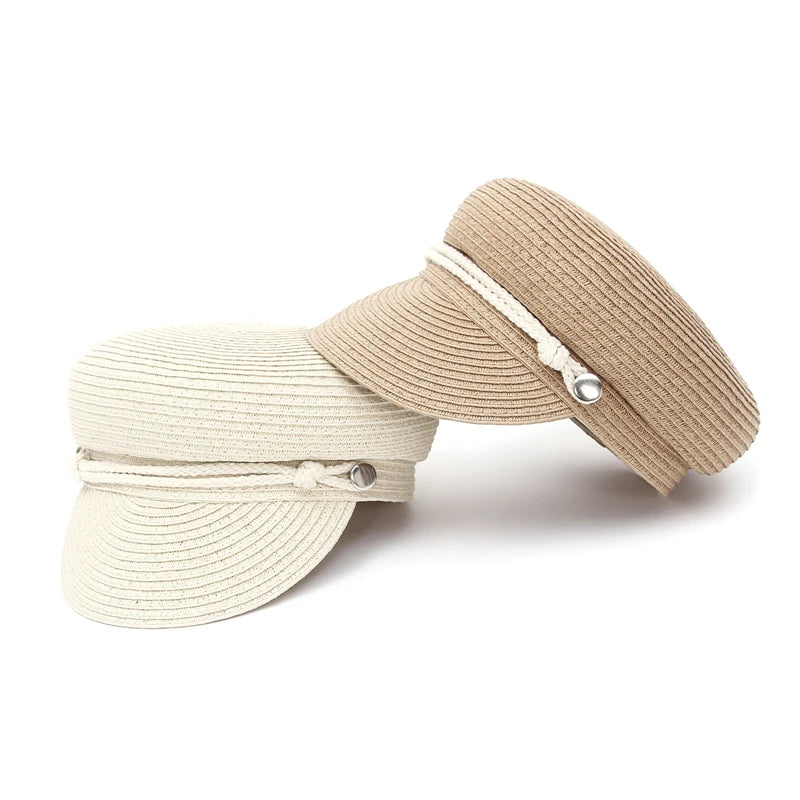 GEMVIE 2024 Fashion Military Hats Outdoor Spring Summer Ring Top Kid Hat Sun Protection Beach Flat Top Straw Hats