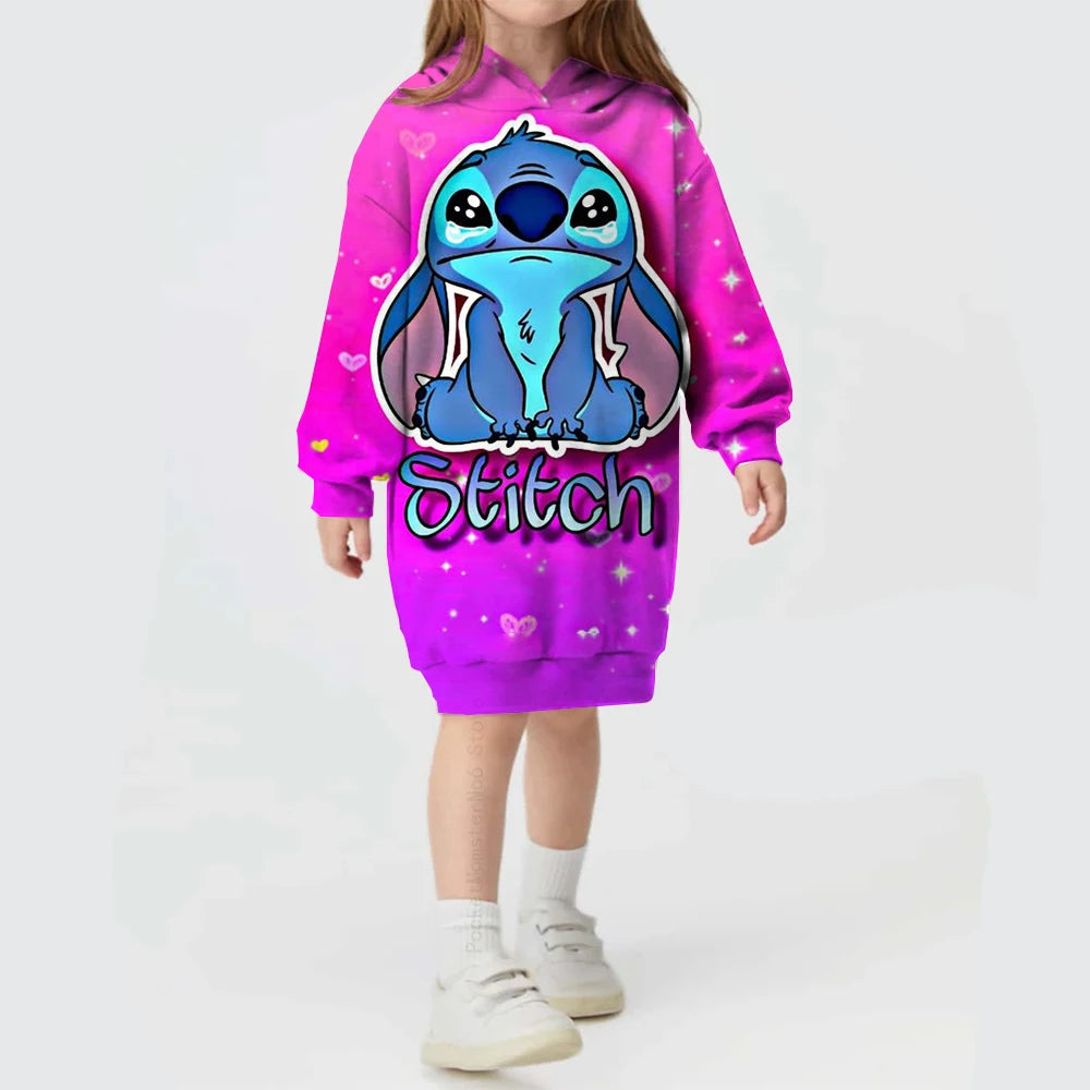 2024 Autumn and Winter Sweater Dress Christmas Disney Stitch Print Hoodie Dress Baby Girl Cute Fashion Hoodie Dress