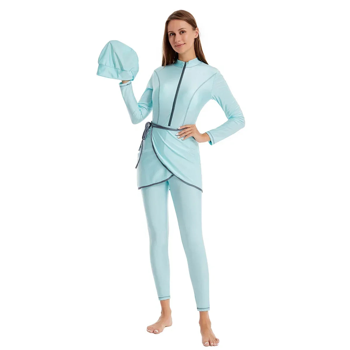 3 Pcs Swimming Sets Women Muslim Swimwears Front Zipper Full Cover Beach Swimsuit Muslim Swim Pants Set Islamic Modest Burkini