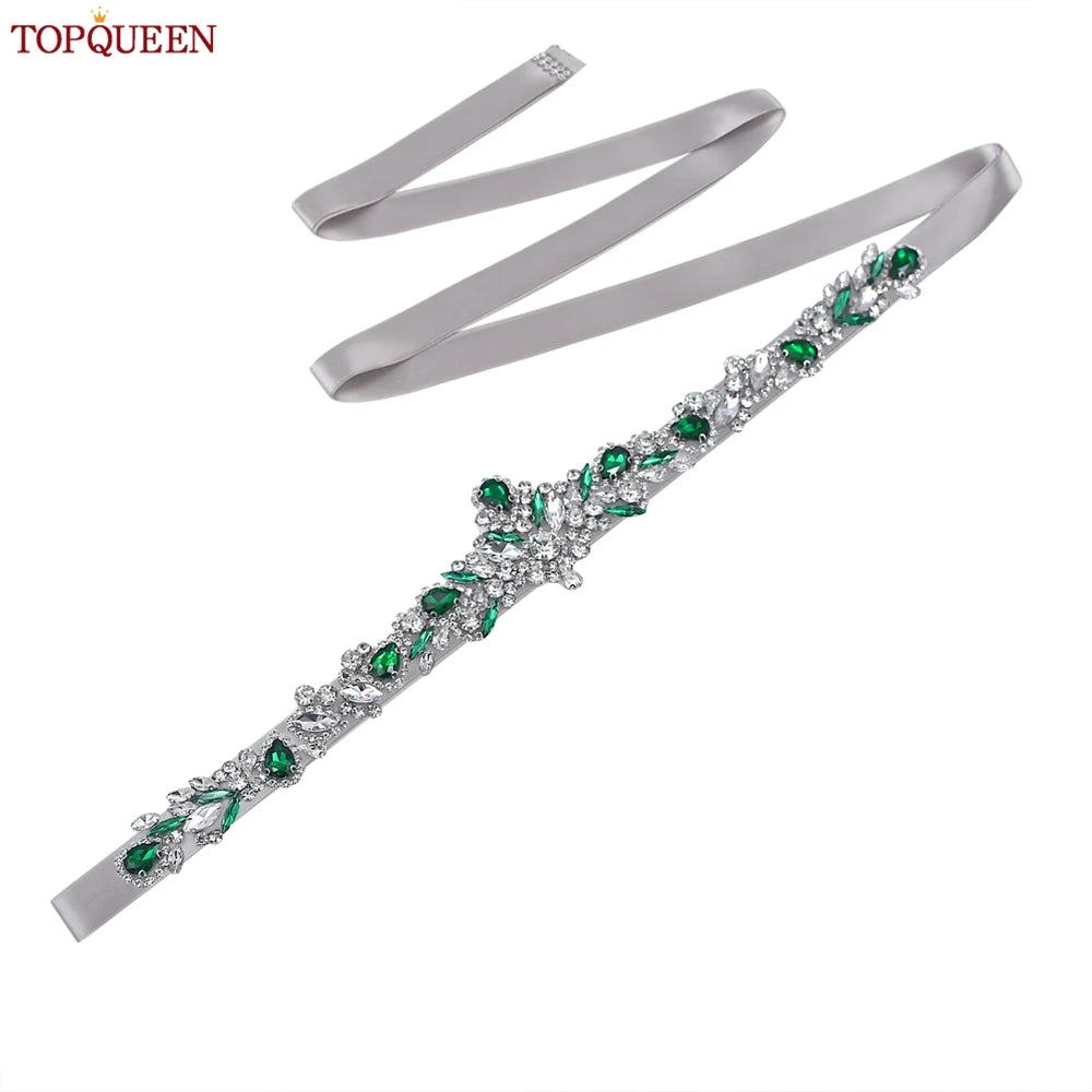 TOPQUEEN S462-KL Rhinestone Bridal Belt Wedding With Green Diamond Wedding Dress Accessories Belt Sash Party Women Dress Belt