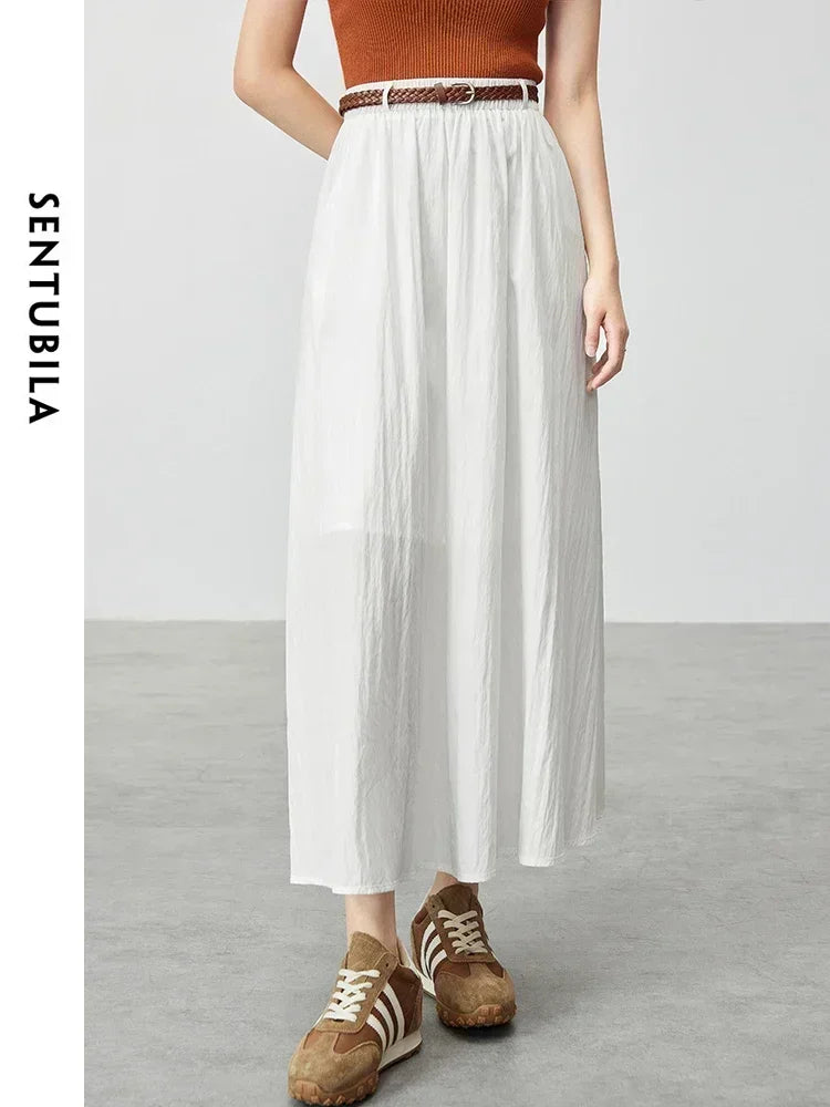 SENTUBILA A-line White Skirt Women 2025 Spring Casual Loose Elastic High Waist Long Skirt with Belt Woman Clothes W43Q56026