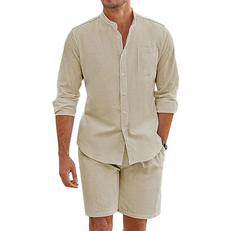 Daily Casual Breathable Cotton Linen Outfits Mens Vintage Stand Collar Button-up Shirts And Shorts Sets For Men Clothing Summer mon