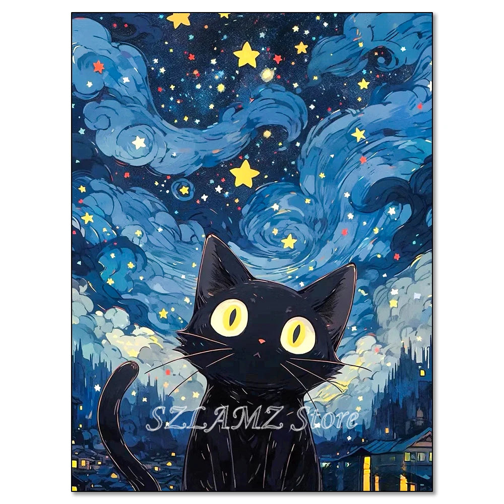5D DIY Diamond Painting Kit Starry Sky Cat Diamond Embroidery Cross Stitch Cartoon Astral Cat Home Decoration Art Painting