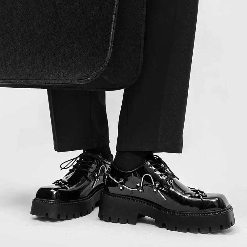2025 New Small Style Thick Soled Derby Shoes Square Head Black Men's Business Casual Leather Retro Spring Decorative Shoes Men
