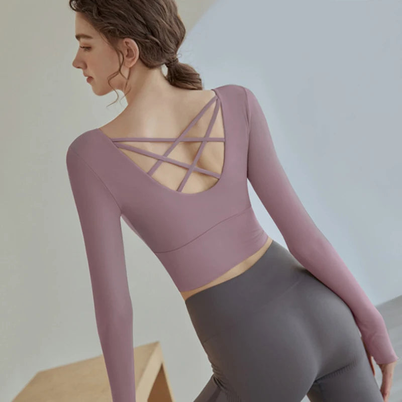 Women Long Sleeve Sport Shirt Beautiful Cross Back Yoga Wear Running Crop Top Sportswear With Bra Pad Fitness Gym Top Yoga Shirt