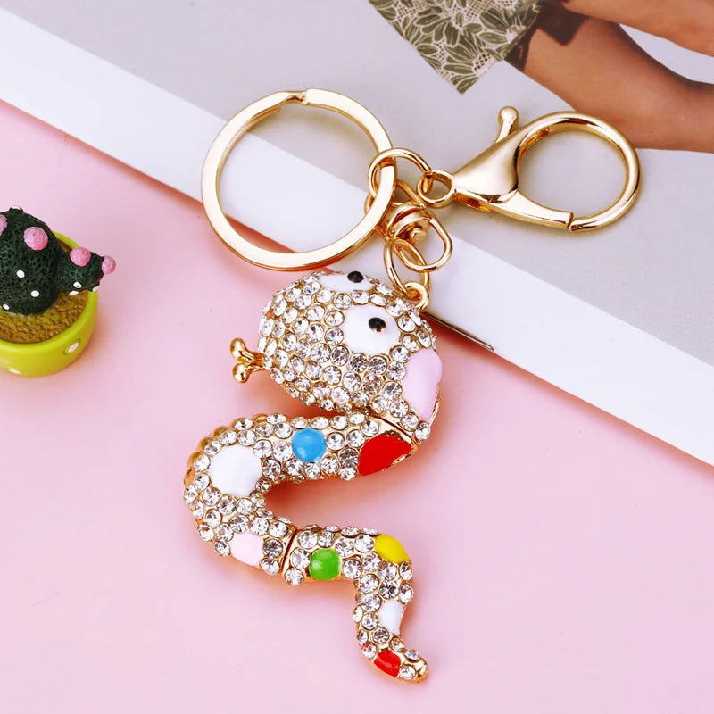 Creative Diamond Chinese Zodiac Little Flower Snake Car Pendant Cartoon Cute Snake Keychain Ring Bag Hanging Decoration Gift