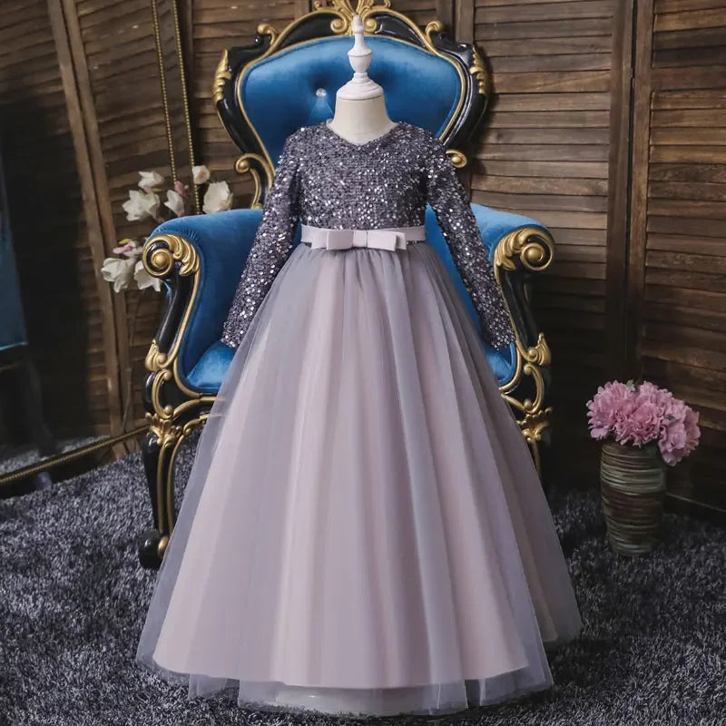 Fashion Glitter Flower Girl Dresses for Weddings Long Sleeve Kids Clothes Girls Dresses Spring & Autumn Girls Party Dresses