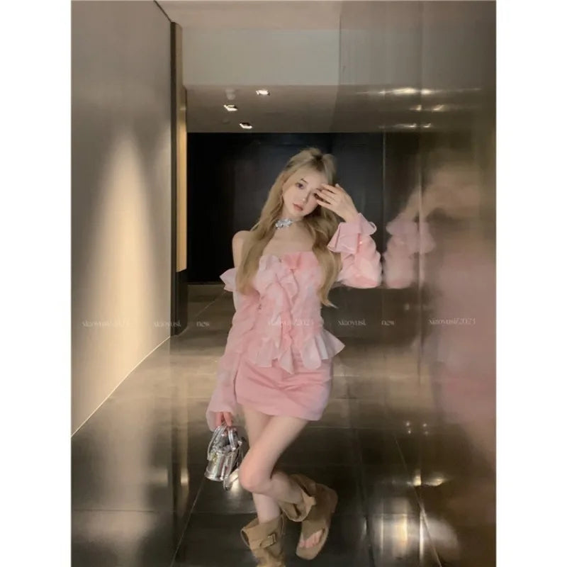 Sweet Pink Off Shoulder Ruffles Long Sleeve Shirts Women+ Y2k High Waist Bodycon Skirts 2024 Summer New Two Piece Sets