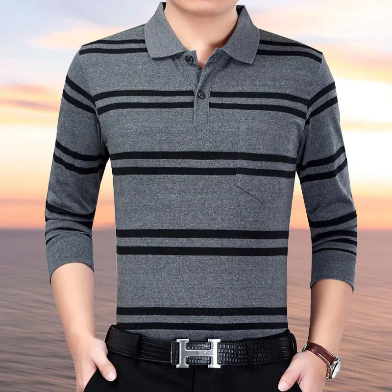 Spring Summer T Shirt for Men Cotton V-Neck Long Sleeve Pockets Comfortable Casual Striped Pullover Formal Clothes