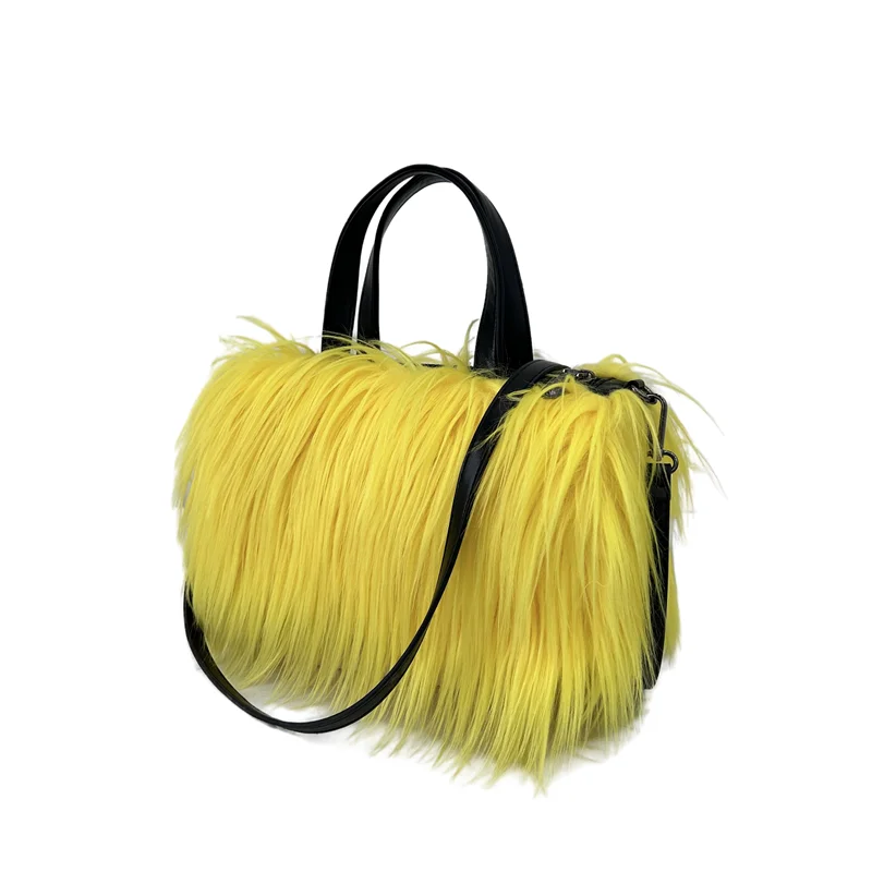 Designer Fluffy Plush Shoulder Bag Warm Faux Mongolian Fur HandBags for Women Brands Large Hobo  Shopper Heart Shaped Purses