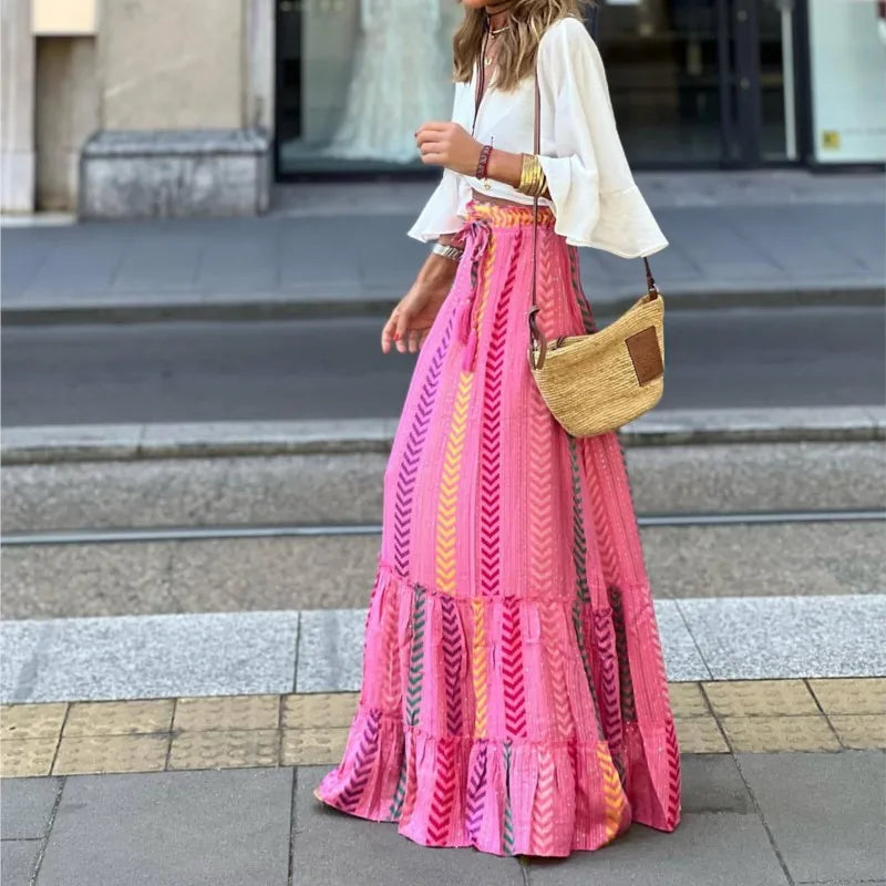 Long Floral Printing Skirt Lady 2025 Summer Autumn Loose Casual Skirt Fashion Elastic Waist Beach Commuting Skirts Women Clothes