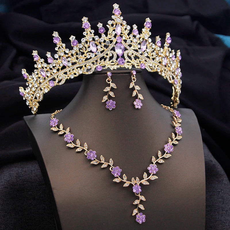 3 pcs Pink Bridal Jewelry Sets for Women Crown Flower Choker Necklace Earring Wedding Tiara Bride Costume Accessories