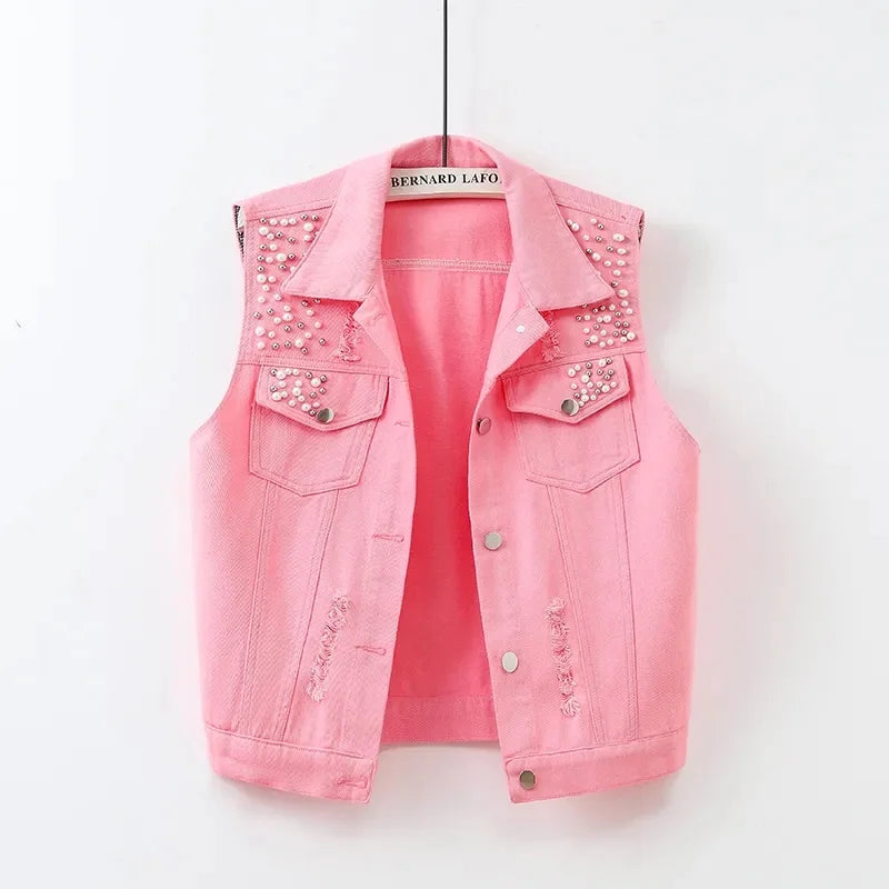2025 clothes New Vintage Hole Sleeveless Jean Waistcoat Short Jacket Female Outerwear Spring Autumn Denim Vest Women Clothes